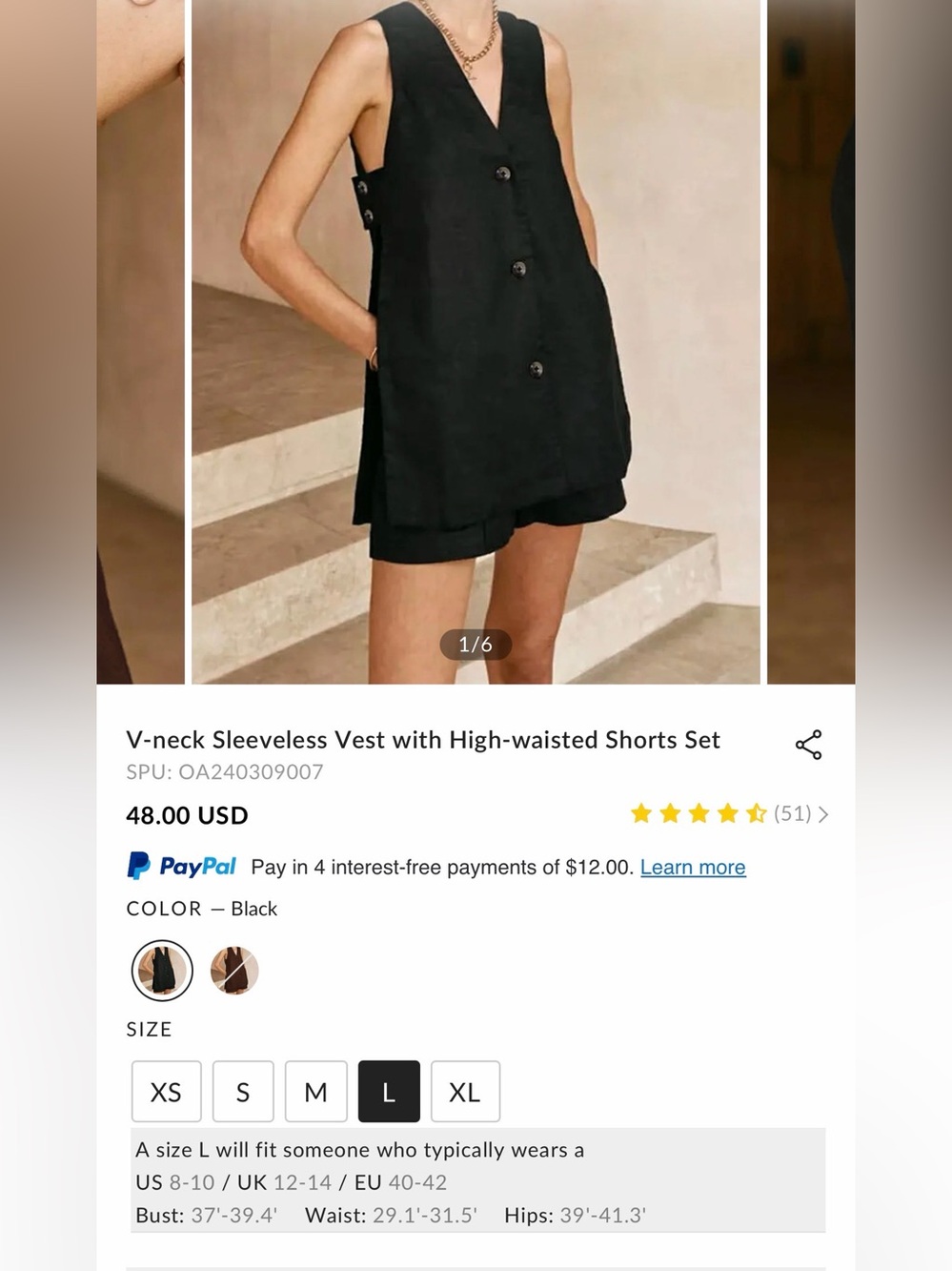 Commense V-neck Sleeveless Vest with High-waisted Shorts Set - Color Black - Picture 5 of 6